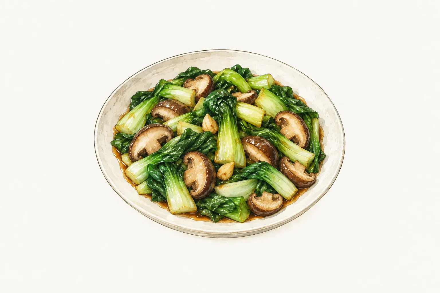 素色瓷盤盛著青江菜與對切鮮香菇，表面裹著褐色醬汁，夾著蒜瓣