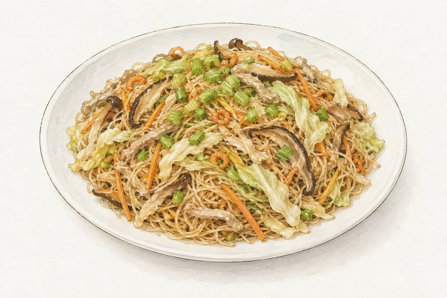 白色圓瓷盤中盛著淺醬油色的炒米粉,夾雜肉絲、香菇絲、蝦米、紅蘿蔔絲和高麗菜絲,上面撒著芹菜末