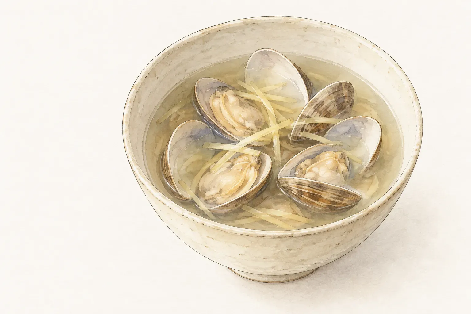 米白色陶瓷湯碗盛著薑絲蛤蜊湯，清澈湯中是四顆張開殼的蛤蜊與細細的薑絲