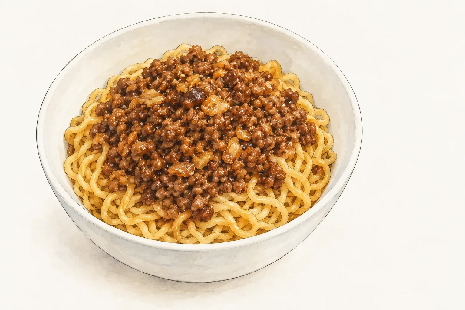 白色圓瓷碗中盛著金黃捲曲的意麵，上面堆著深褐色、夾著金黃紅蔥蒜末的絞肉肉燥，沒有配菜