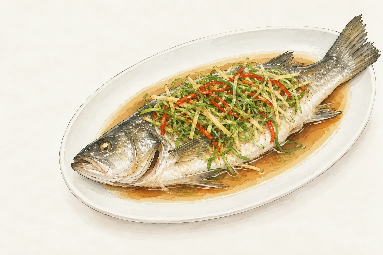 白色橢圓瓷盤中盛著一整尾清蒸鱸魚，魚身鋪著青蔥、薑和紅辣椒細絲，盤底有一層淺褐色醬汁