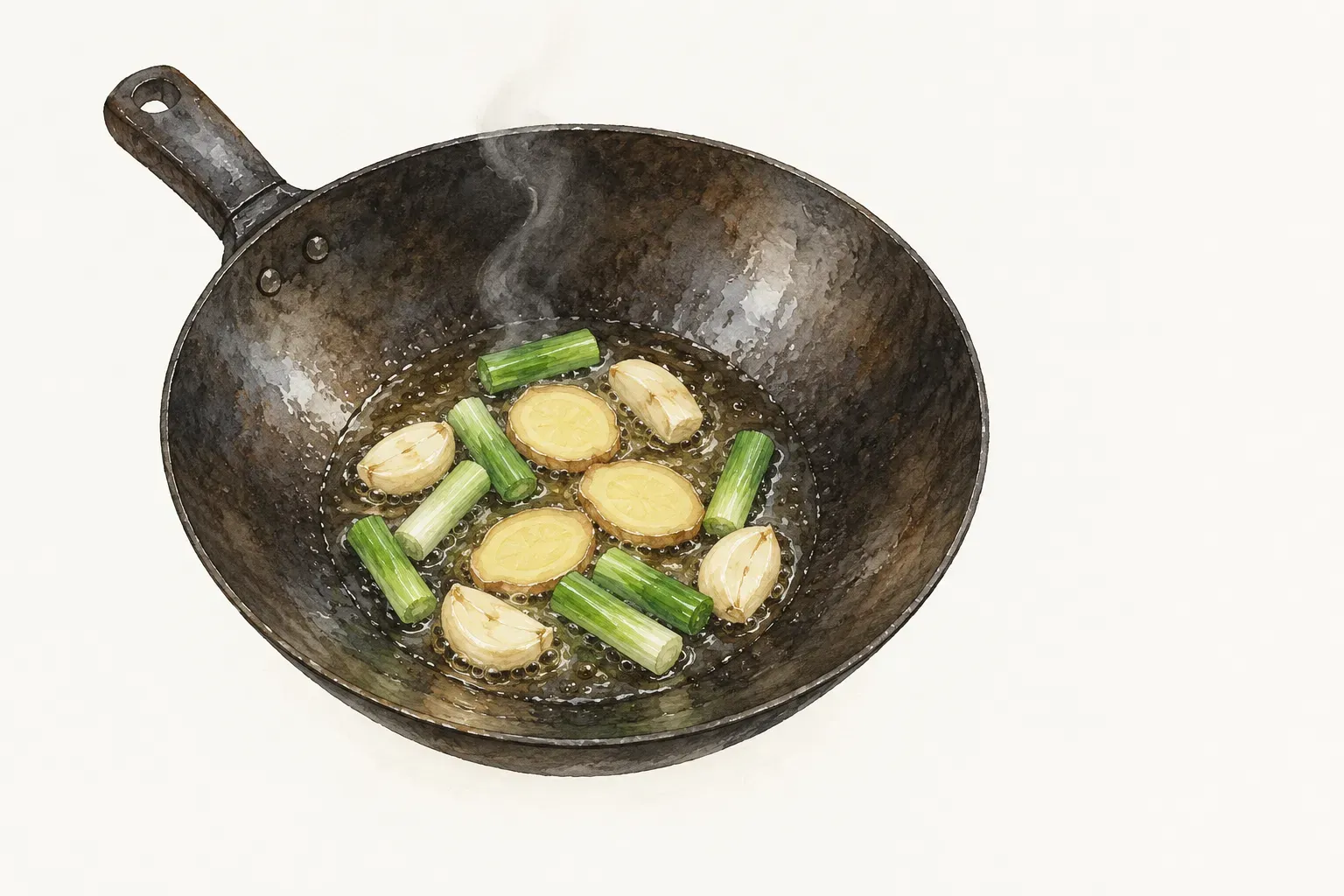 一只單柄的深色碳鋼炒鍋，鍋底有一層冒著細泡的熱油，油裡有四片圓薑片、四瓣拍裂的蒜瓣和幾段蔥段，上方飄著一縷白煙