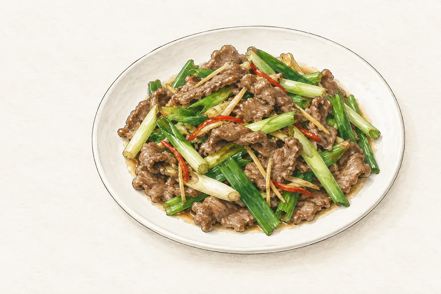 米白陶瓷盤中盛著蔥爆牛肉，褐色牛肉片夾著綠色蔥段、薑絲和紅色辣椒絲，盤底帶一點醬汁