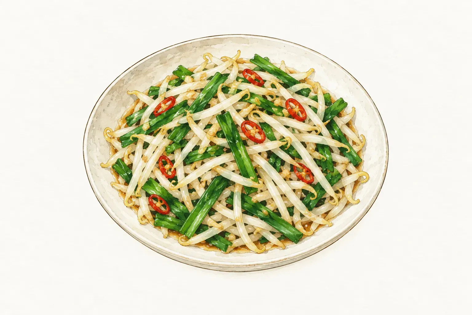 素色瓷盤盛著豆芽菜,拌有韭菜段、紅辣椒圈與細小蒜碎