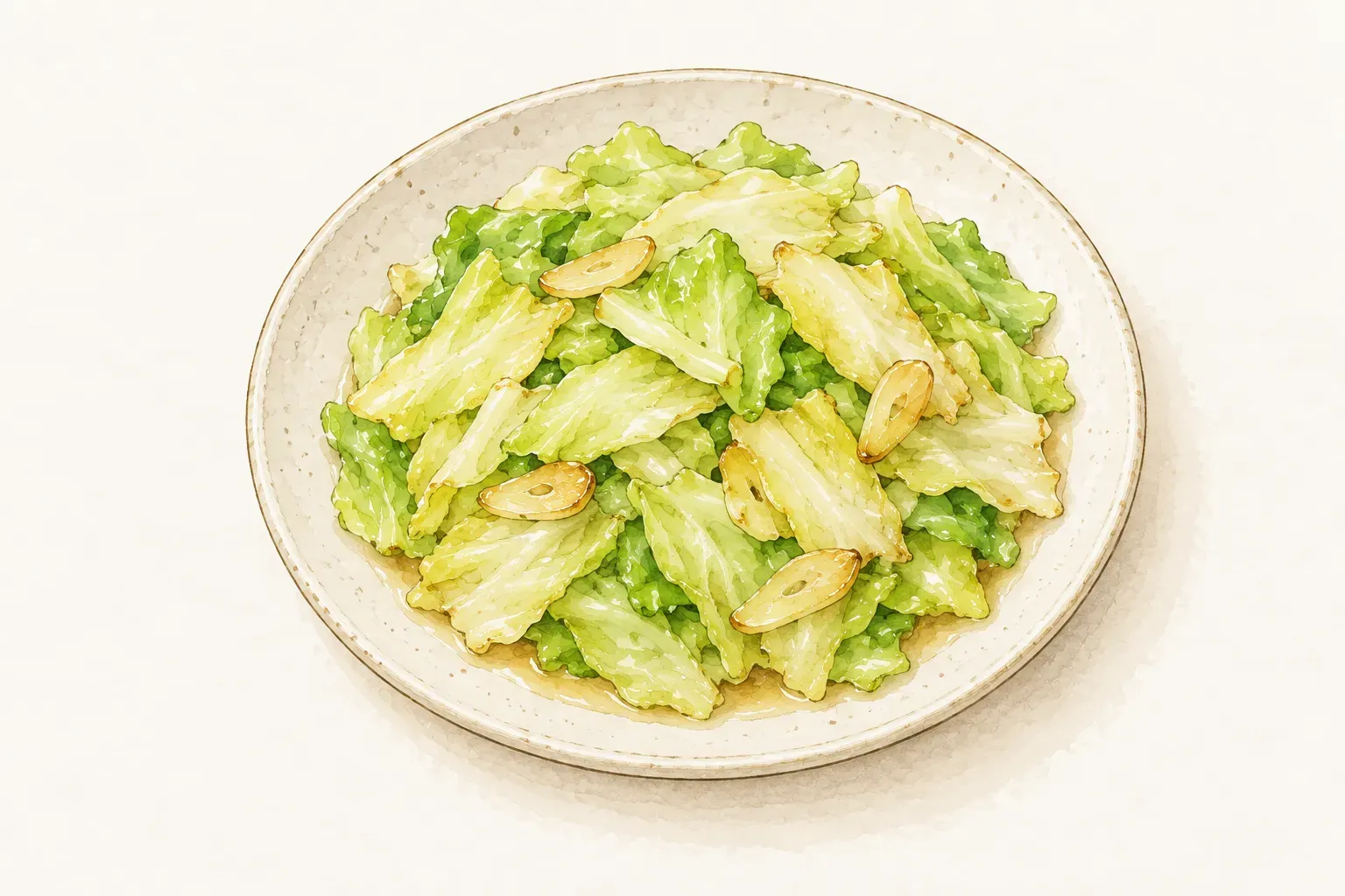 米白色瓷盤中盛著炒軟的高麗菜，帶油光並夾著金黃蒜片，盤底有少許湯汁