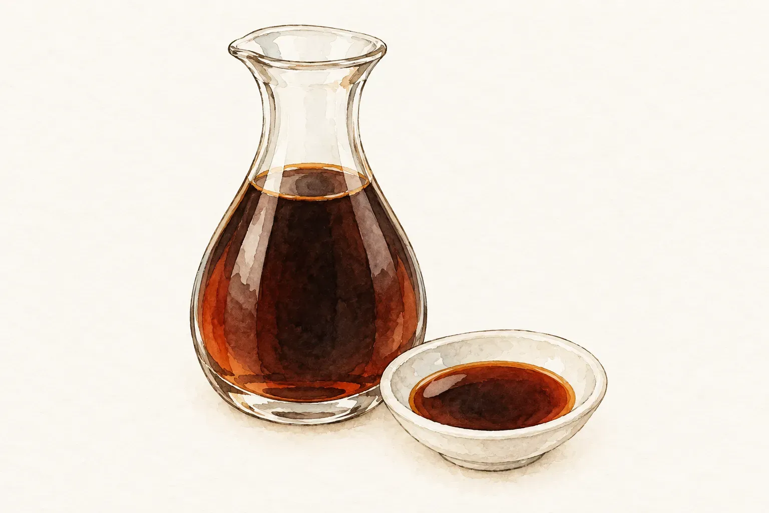 透明玻璃瓶與素色小碟中的深褐色醬油水彩插畫