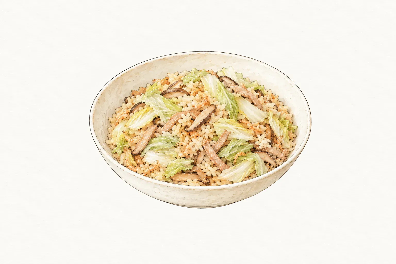 米白色瓷碗盛著高麗菜飯，米飯中混有高麗菜片、香菇絲、蝦米與肉絲