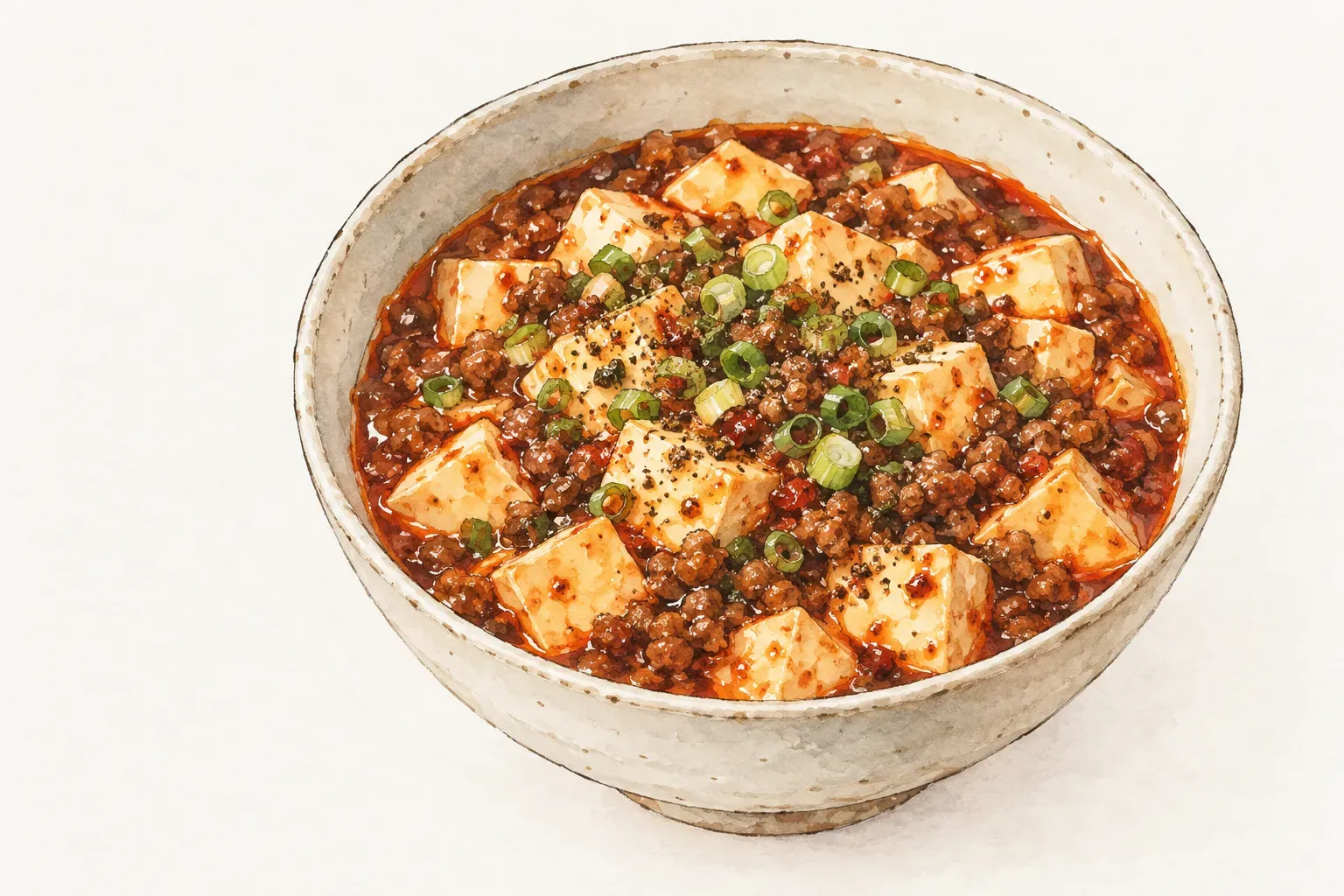 米白陶瓷碗中盛著麻婆豆腐，豆腐丁和絞肉裹著紅褐色醬汁，撒有綠色蔥花與花椒粉
