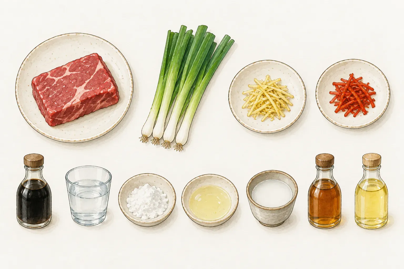 一塊生牛肉、一小把青蔥、一小碟薑絲、一小碟辣椒絲，以及分裝在小瓶、小杯與小碟中的醬油、水、太白粉、蛋白、太白粉水、香油和食用油