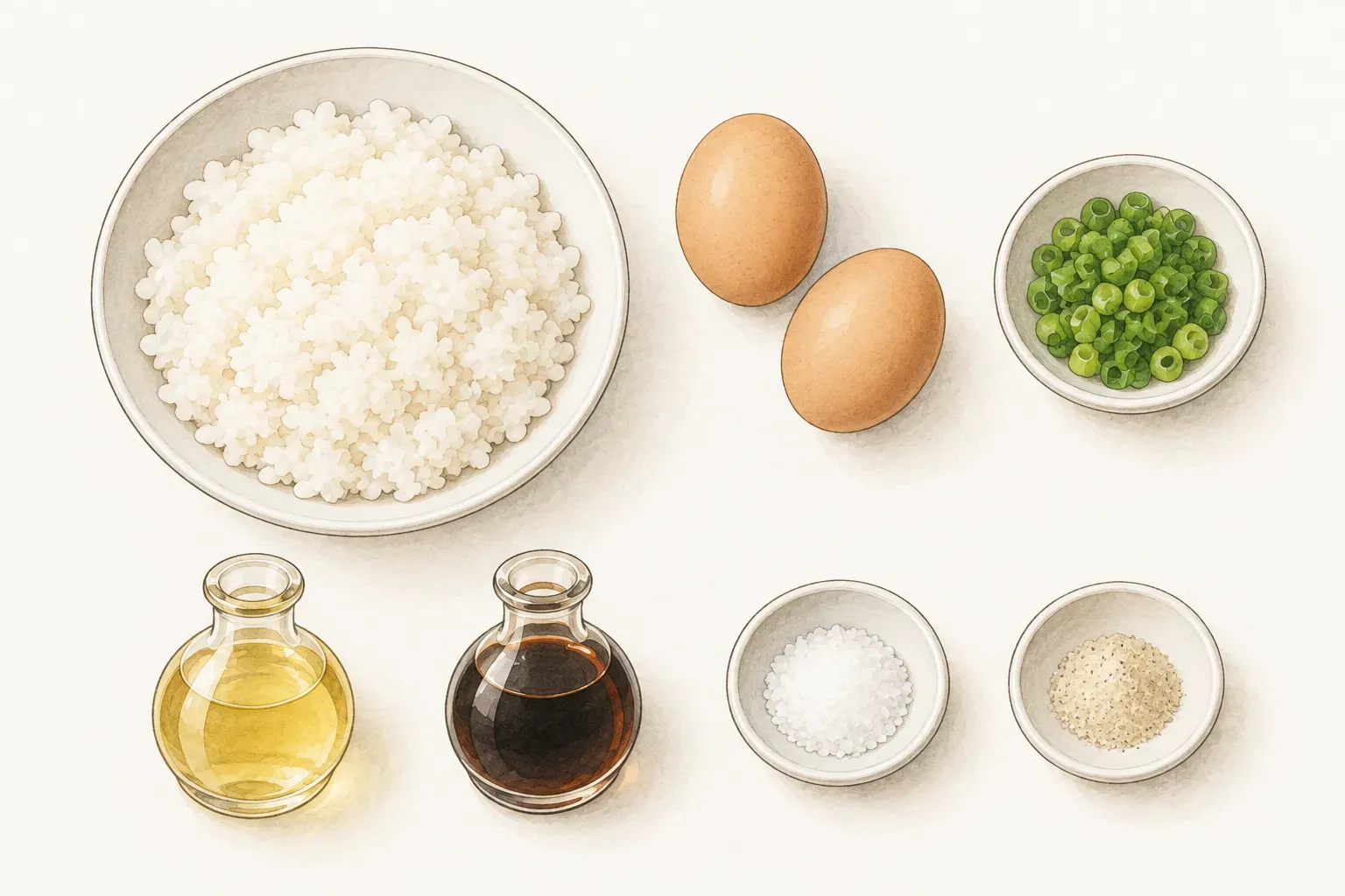 一碗白飯、兩顆雞蛋、一小碟蔥花，以及小瓶裝的食用油、醬油和小碟裝的鹽、白胡椒粉