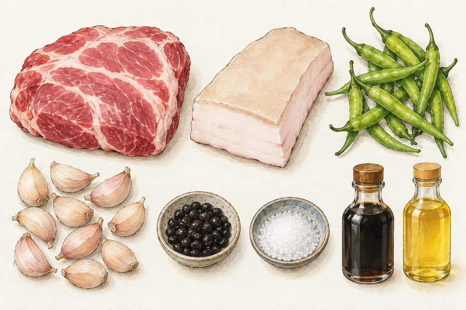 一塊生豬梅花肉、一塊帶皮的生豬肥肉、一把整支糯米椒、一堆帶皮蒜瓣，以及一小碟豆豉、一小碟鹽、一小瓶醬油和一小瓶食用油