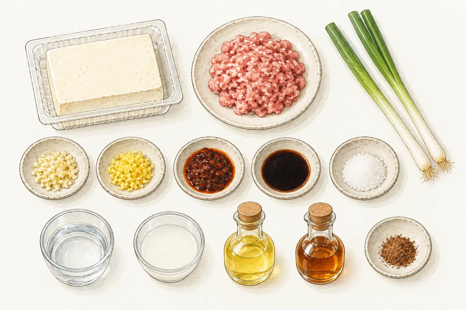 一盒嫩豆腐、一盤豬絞肉、兩支青蔥，以及分裝在小碟、小杯與小瓶中的蒜末、薑末、辣豆瓣醬、醬油、糖、水、太白粉水、食用油、香油和花椒粉