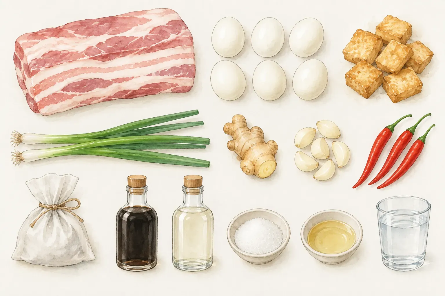一整塊生五花肉、六顆剝殼水煮蛋、一小堆油豆腐、兩支青蔥、一塊薑、一小堆去皮蒜瓣、三根紅辣椒、一個布製滷包，以及瓶裝醬油和米酒、小碟裝的糖和食用油、一杯水