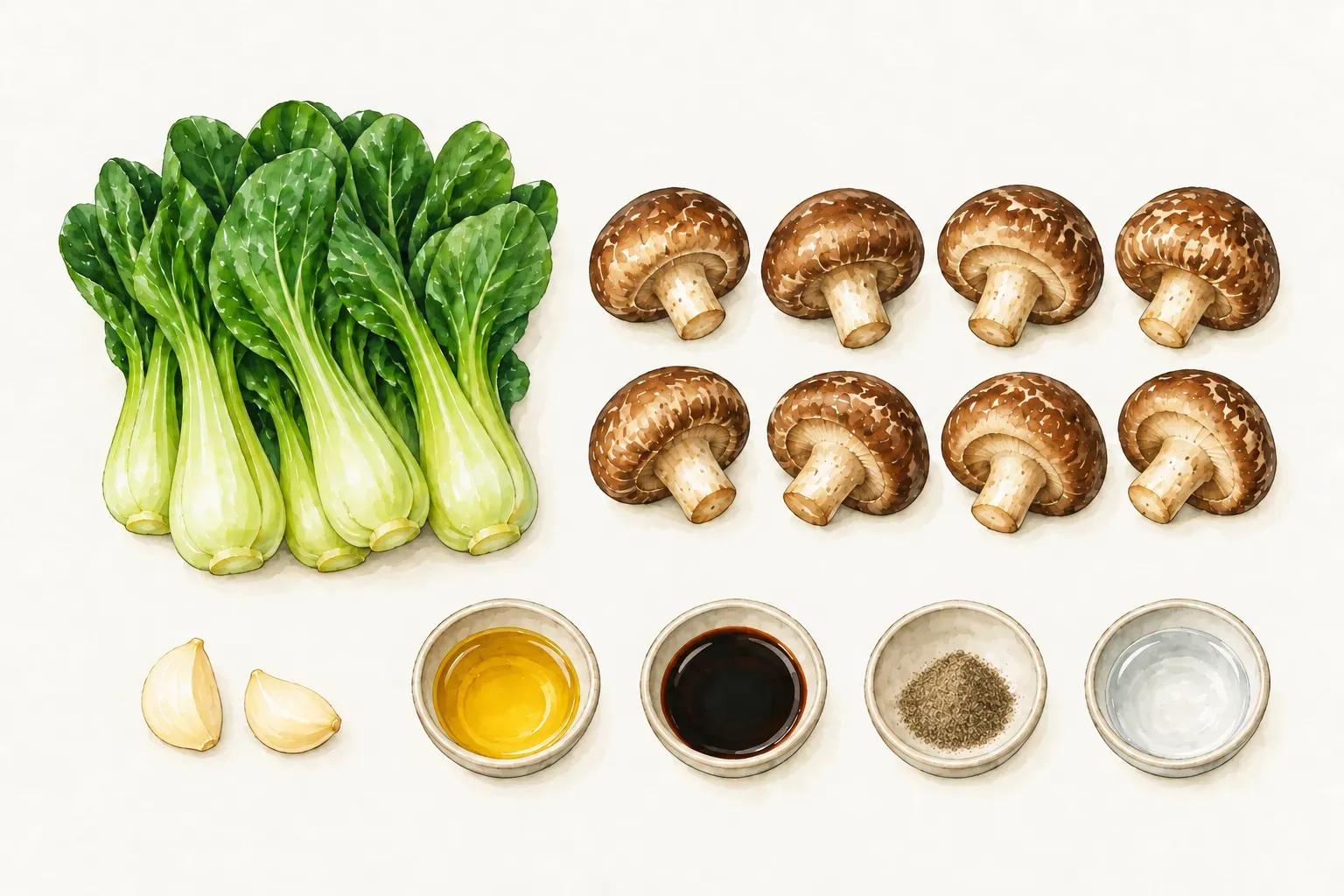 青江菜、八朵鮮香菇、兩瓣大蒜，以及分開盛裝的食用油、醬油膏、黑胡椒粉和水