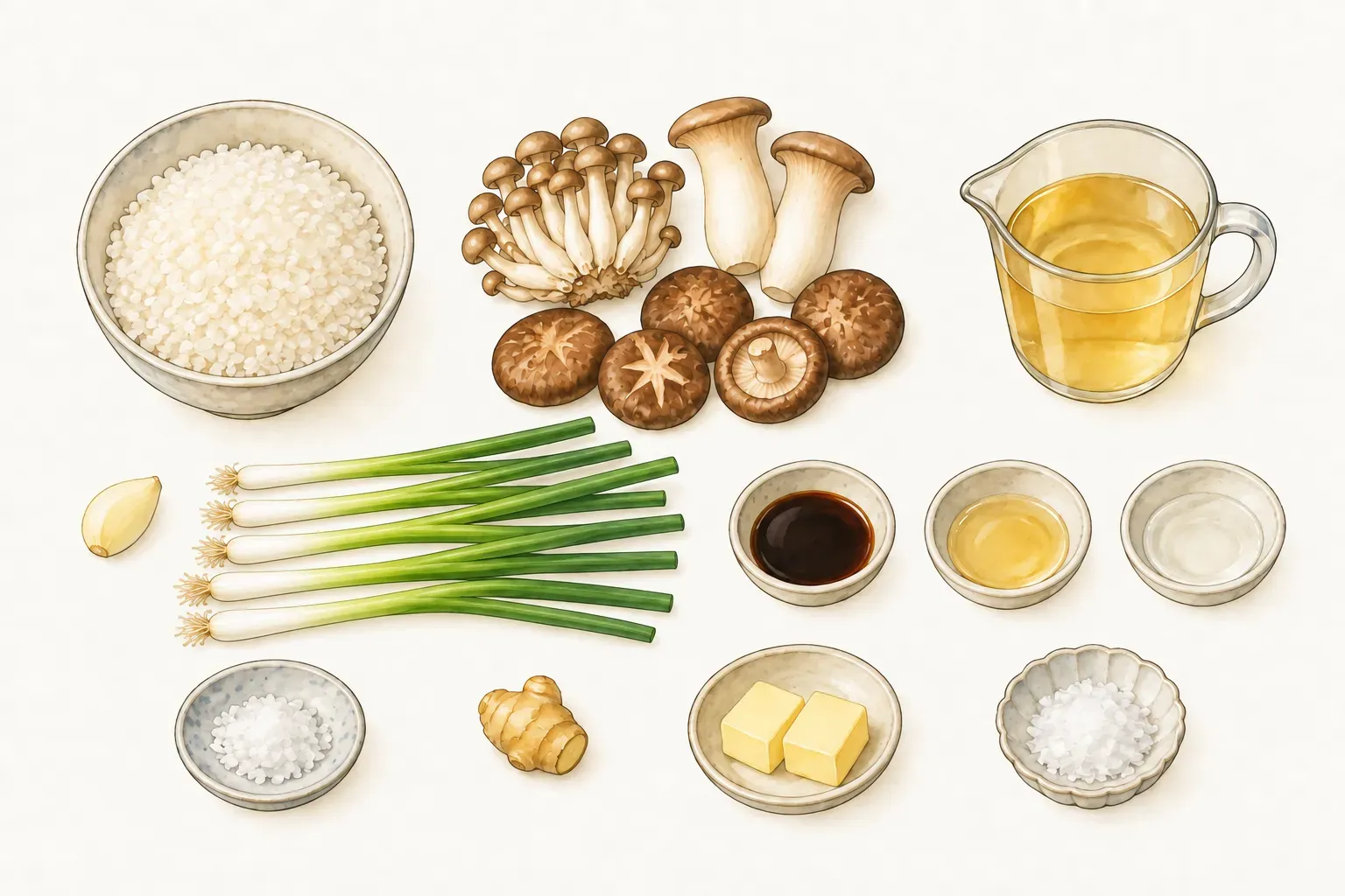 白米、三種鮮菇、一瓣大蒜、五支青蔥，以及分裝的日式高湯、醬油、味醂、清酒、粗粒鹽、薑、奶油與海鹽片