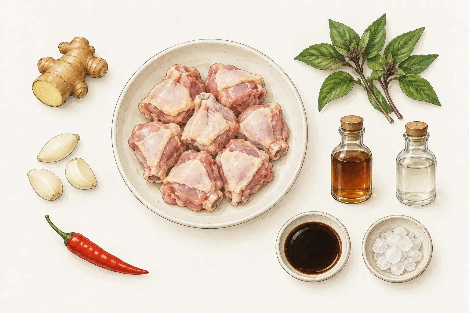 一盤生的帶骨雞肉塊、一塊老薑、三瓣去皮大蒜、一根紅辣椒、一小把九層塔，以及分裝在小瓶與小碟中的麻油、米酒、醬油和冰糖
