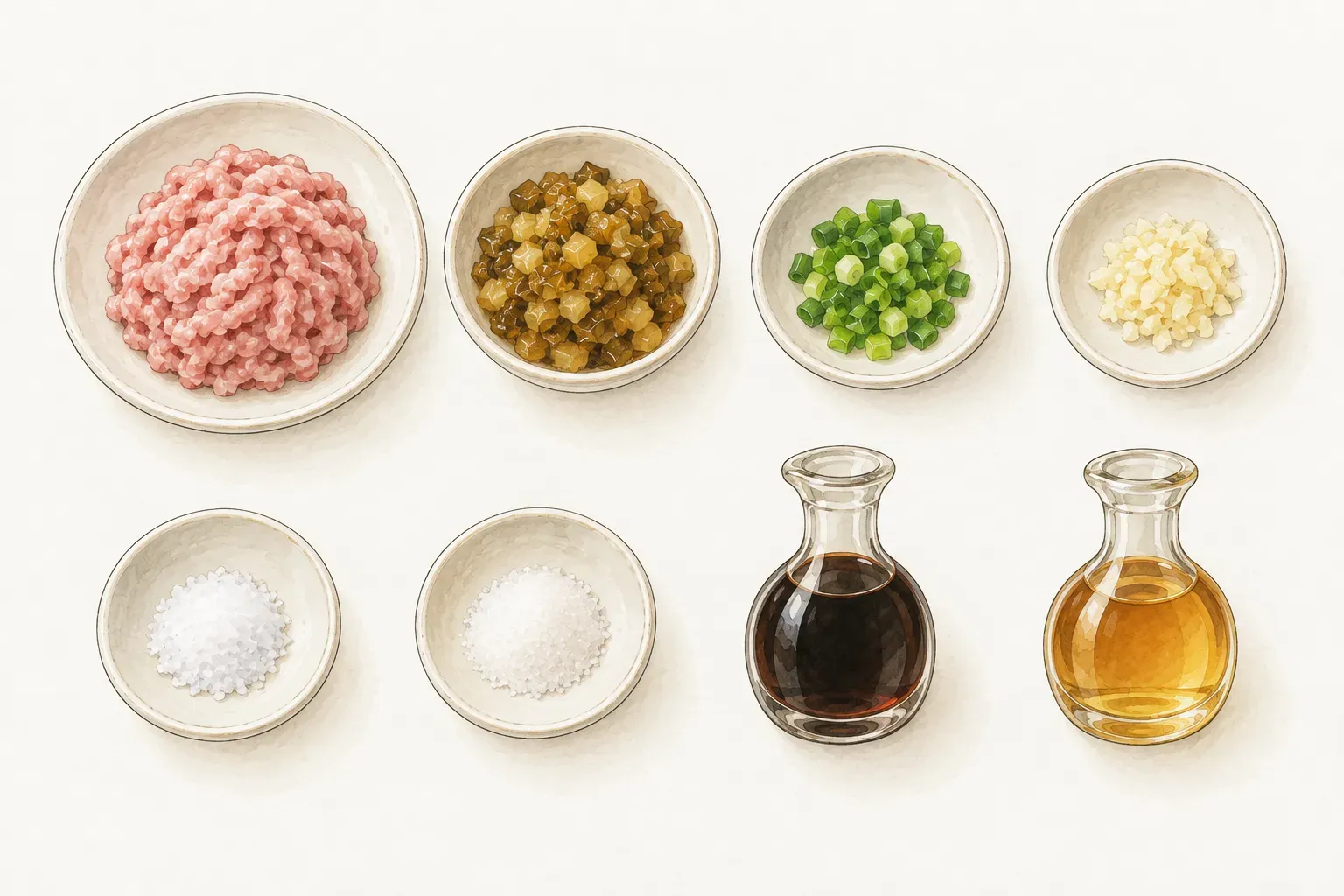 一盤生豬絞肉、一小碗切成細丁的花瓜、一小碟蔥花、一小碟蒜末，以及分裝在小碟與小瓶中的鹽、糖、醬油和香油