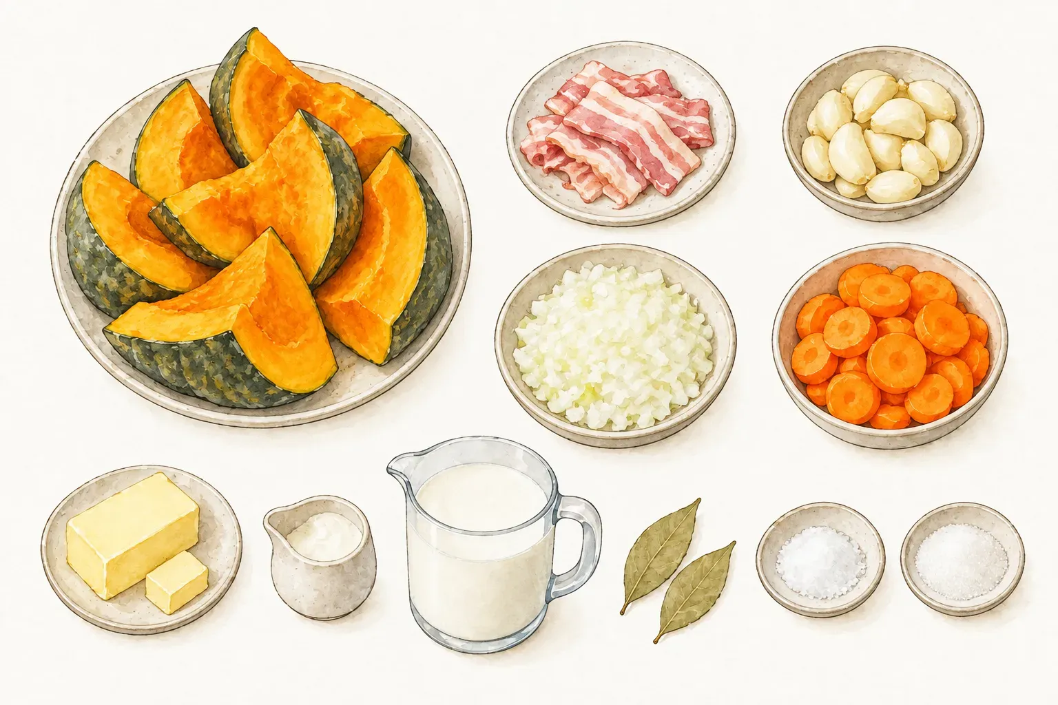 南瓜、培根、大蒜、洋蔥、紅蘿蔔，以及分裝的奶油、鮮奶油、牛奶、兩片月桂葉、鹽與白糖