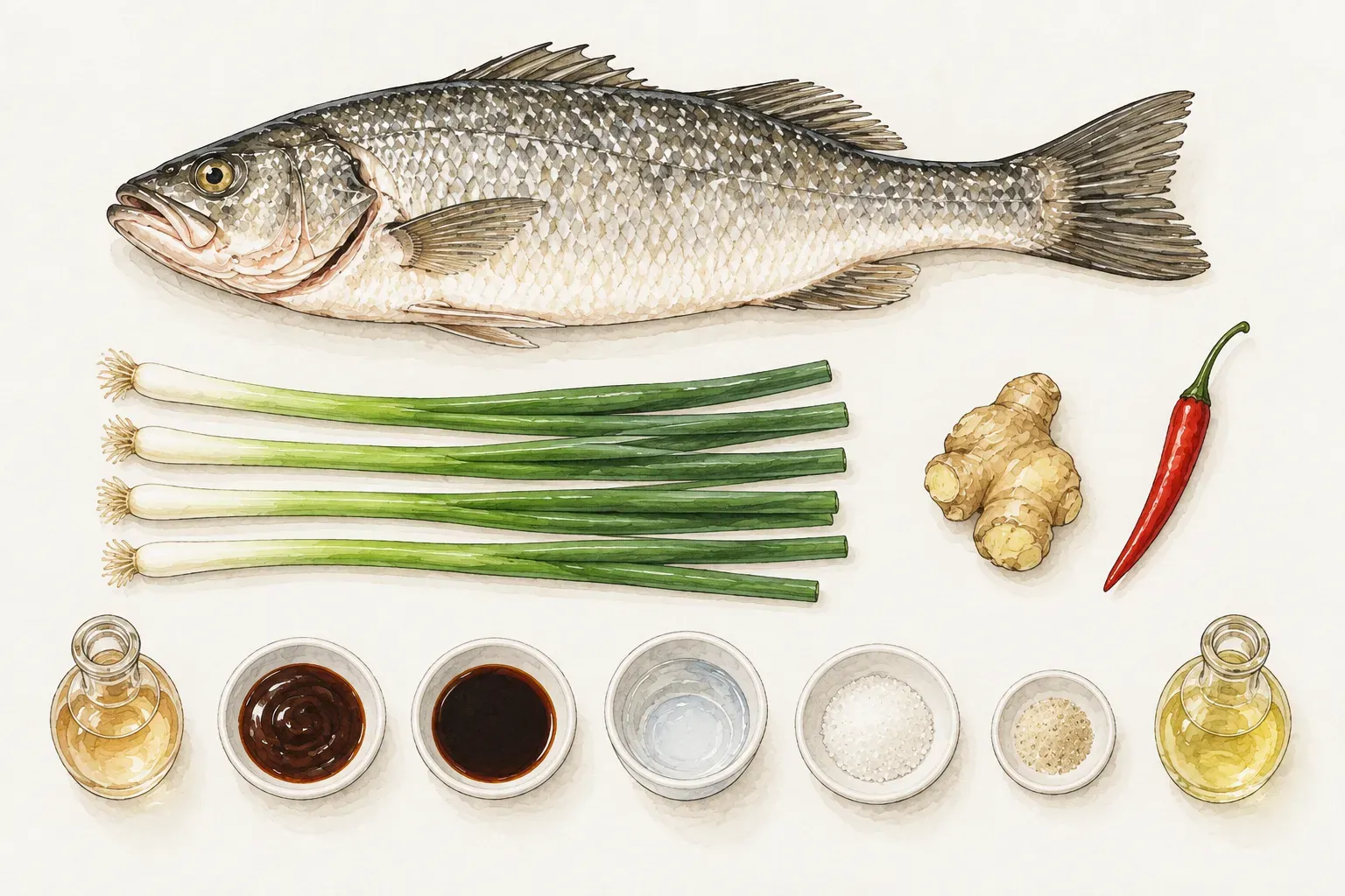 一尾鱸魚、四支青蔥、一塊薑、一支紅辣椒，以及分裝在小瓶與小碟中的米酒、蠔油、醬油、水、糖、白胡椒粉和食用油