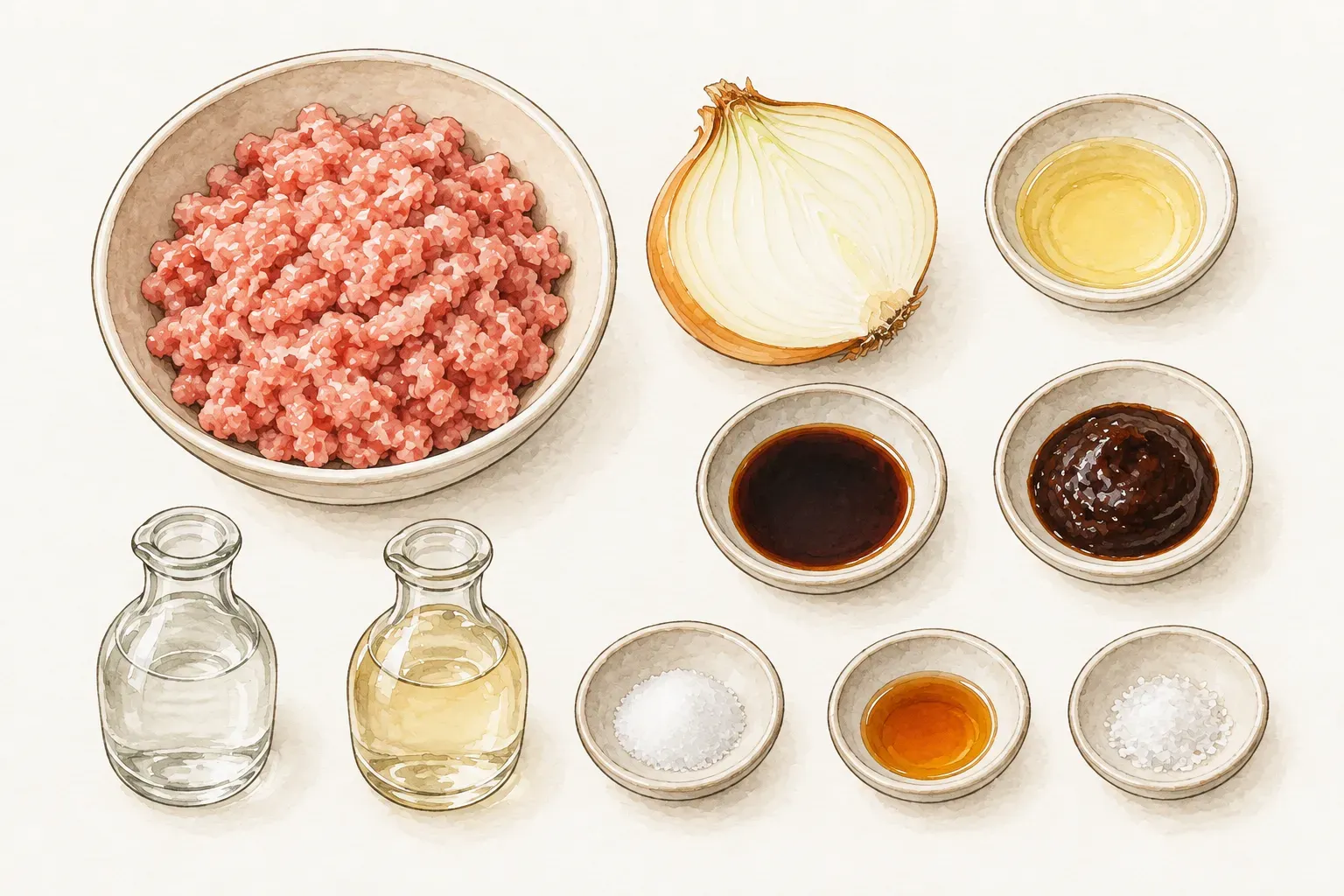 一碗生豬絞肉、半顆洋蔥，以及分開盛裝的食用油、醬油、醬油膏、米酒、味醂、糖、香油和鹽