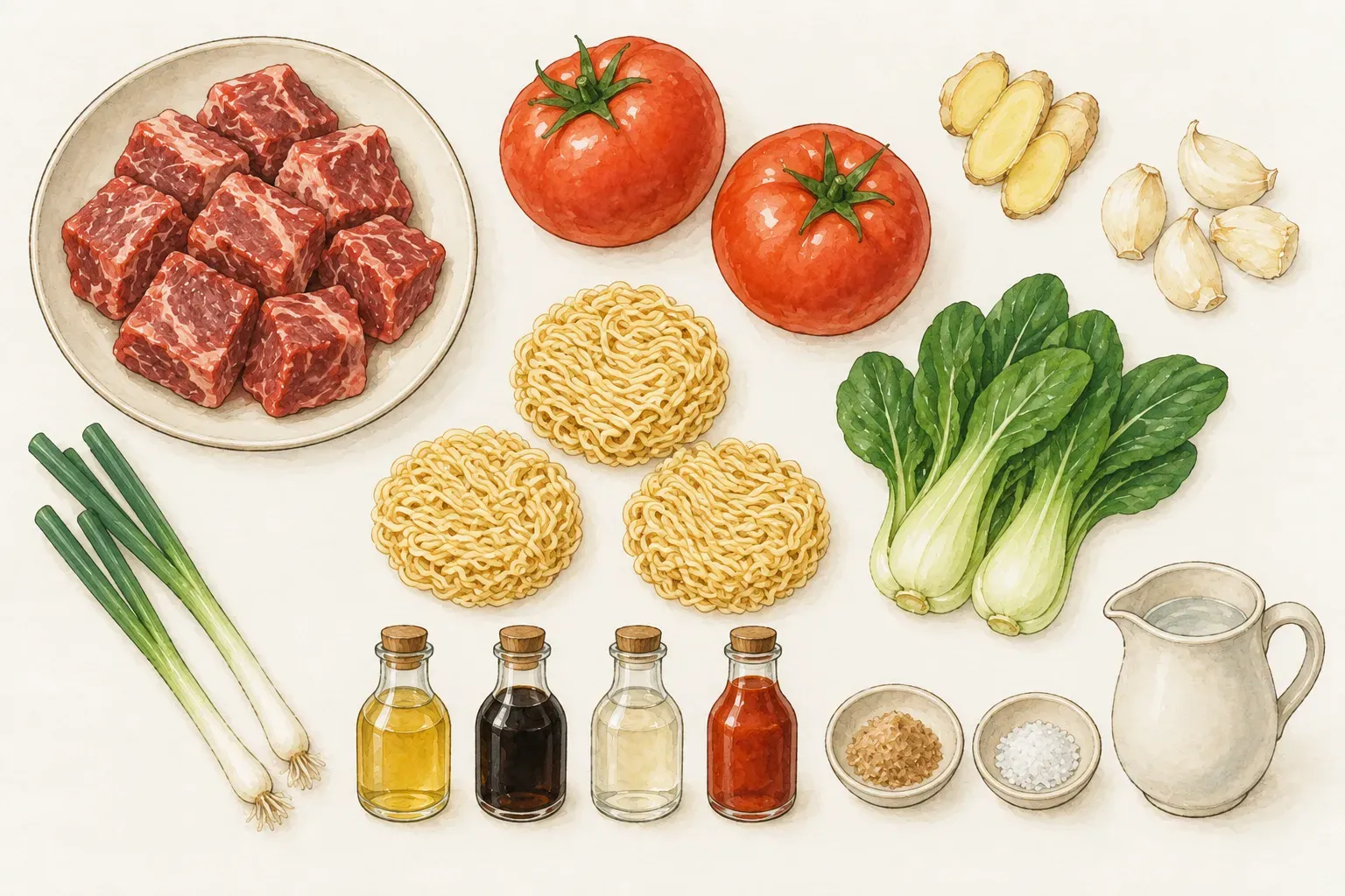 一盤切大塊的生牛肉、兩顆牛番茄、數片薑、一小堆大蒜、兩支青蔥、三把拉麵和一小把小白菜，以及小瓶裝的食用油、醬油、米酒、番茄醬，小碟裝的柴魚粉和鹽、一壺水