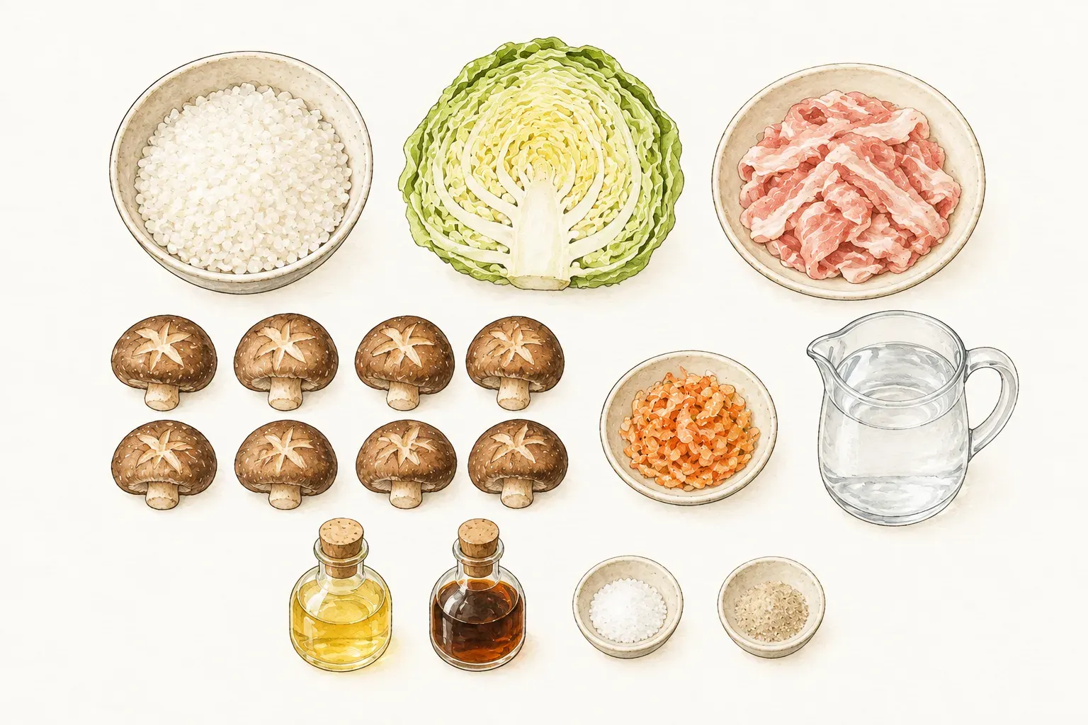 白米、半個高麗菜、肉絲、八朵香菇、蝦米，以及分裝的水、食用油、鹽、白胡椒與淡色醬油