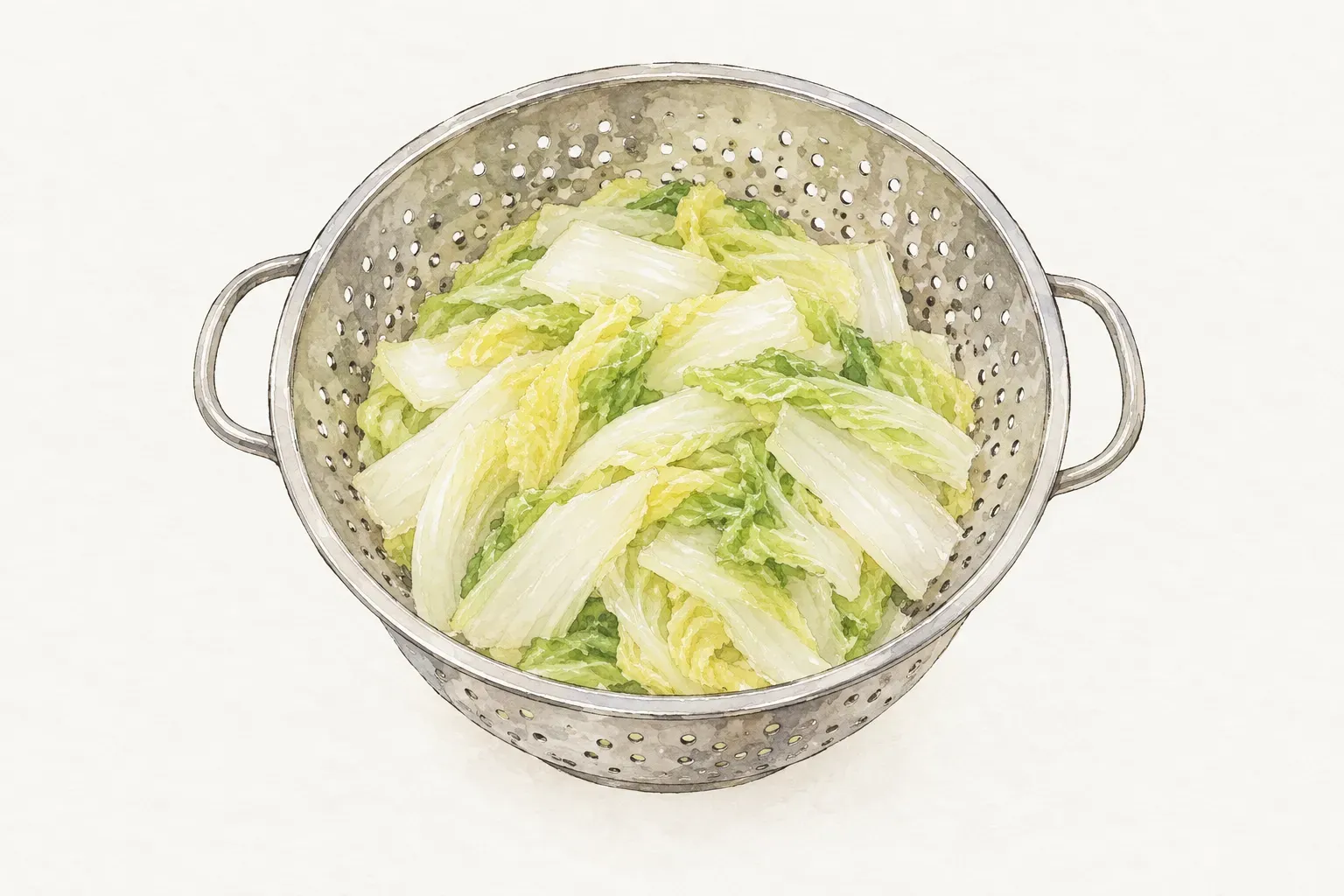 金屬濾盆中一堆燙過、帶水光的大白菜片，菜葉淡綠、菜梗白而微透