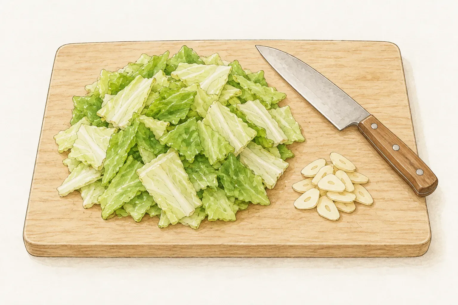 木砧板上一堆切成片狀的高麗菜，旁邊一小堆蒜片和一把菜刀