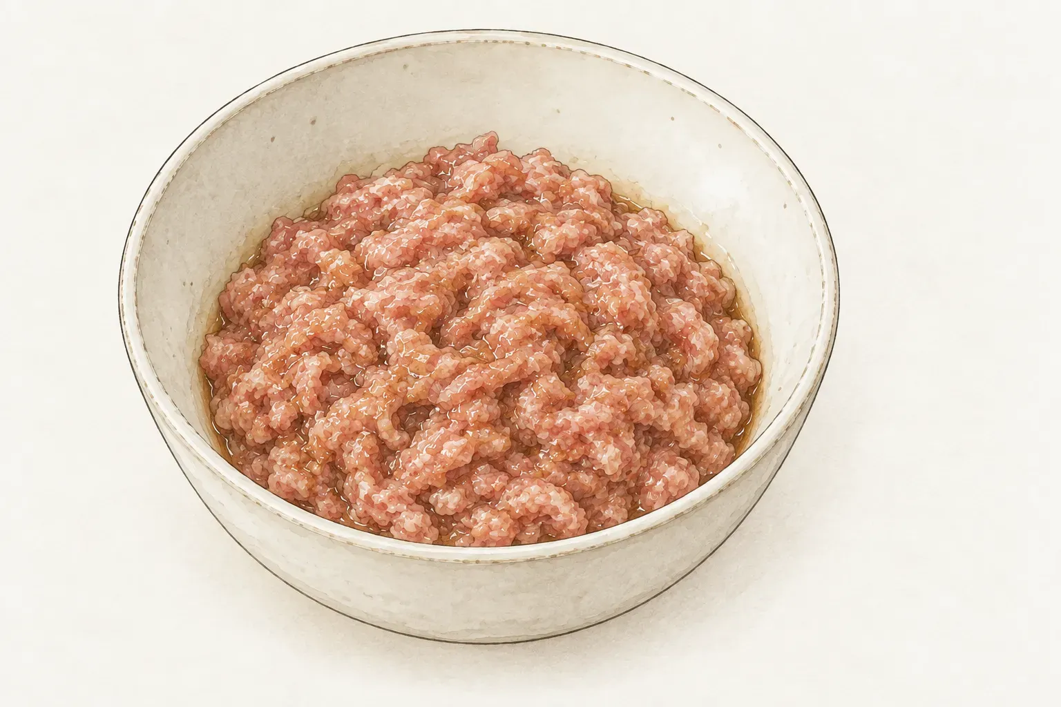 白瓷深碗中的生豬絞肉淋上帶光澤的淺褐色調味料，拌得均勻濕潤，碗中還沒有花瓜、蔥花和蒜末