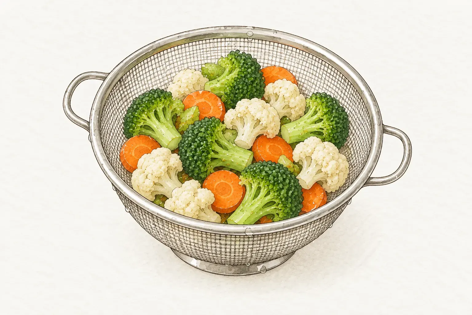 不鏽鋼瀝水籃裡汆燙過的白花椰菜、翠綠的綠花椰菜小朵和圓形紅蘿蔔片，表面帶著水珠