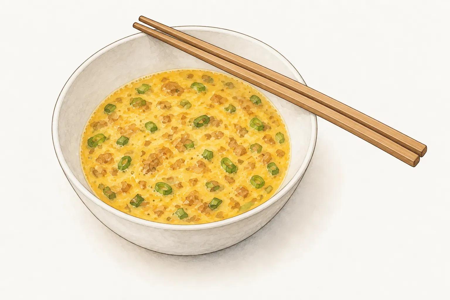 白瓷碗中拌勻的黃色蛋液，裡面散布著菜脯碎和綠色蔥花，碗口橫放一雙木筷