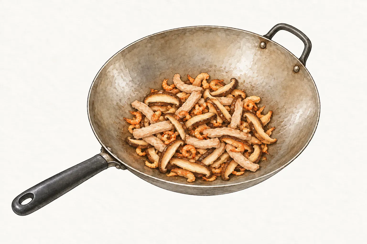 灰色炒鍋內拌炒香菇絲、蝦米與肉絲