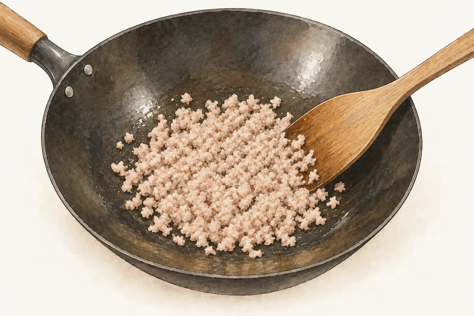 炒鍋中炒散成鬆散細粒、肉色轉為淡粉白的豬絞肉，鍋中沒有醬汁，木鍋鏟靠在鍋緣