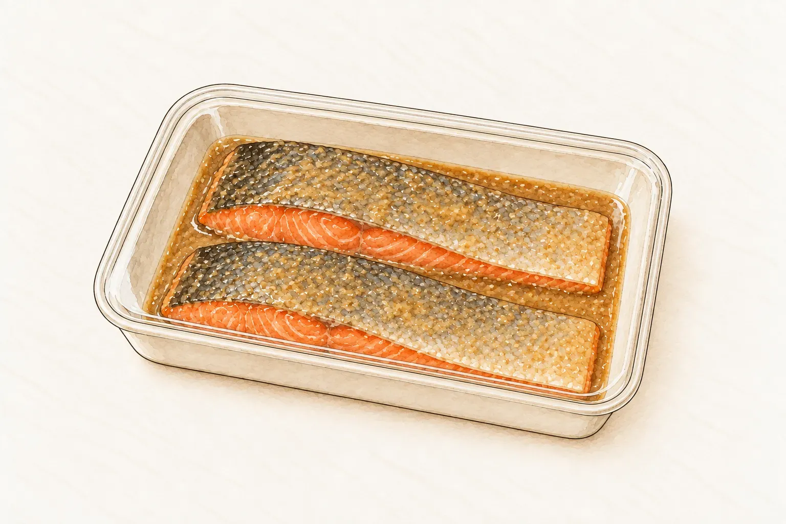 兩片魚皮朝上的鮭魚裹著味噌醃醬,放在覆蓋透明蓋的米白色淺盤中