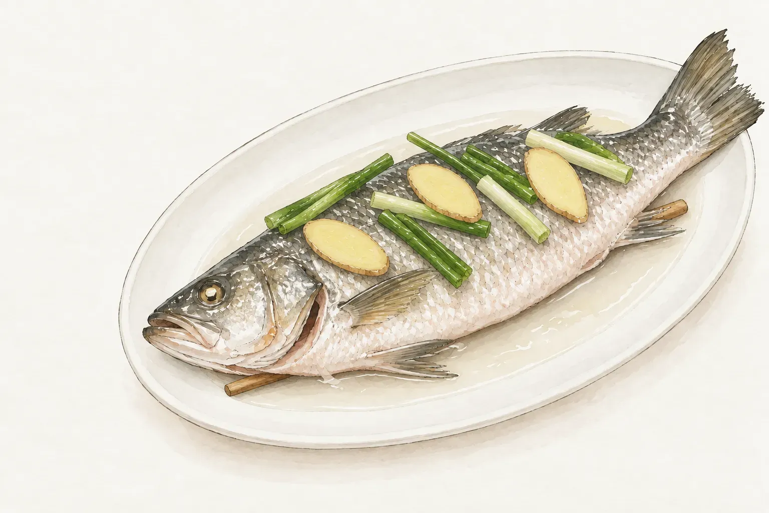 白色橢圓瓷盤中架在筷子上的生鱸魚，魚身鋪著幾段拍扁的青蔥和三片薑片，盤底有一層清澈的米酒