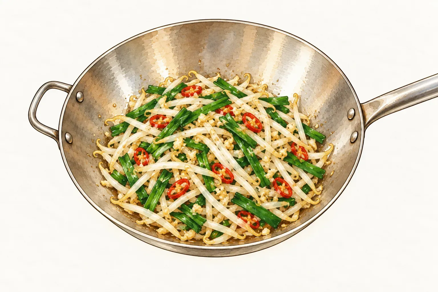 炒鍋裡的豆芽菜、韭菜段與辣椒圈拌炒在一起,夾著細小蒜碎