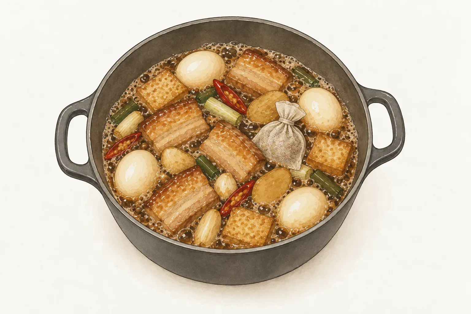 燉鍋中五花肉、白色水煮蛋、油豆腐、滷包和辛香料浸在淺褐色的醬油滷汁裡，滷汁正大滾冒泡