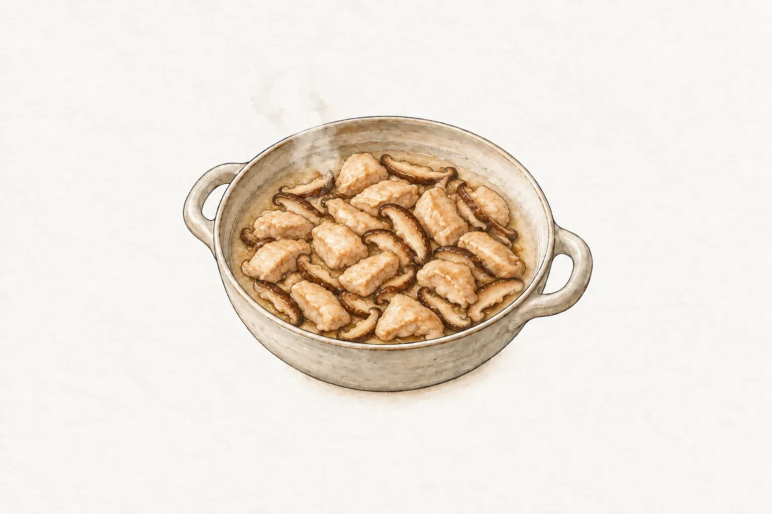 灰色雙耳鍋中,雞腿肉塊表面已轉為淺色,和香菇細條一起沾著淡褐色醬汁