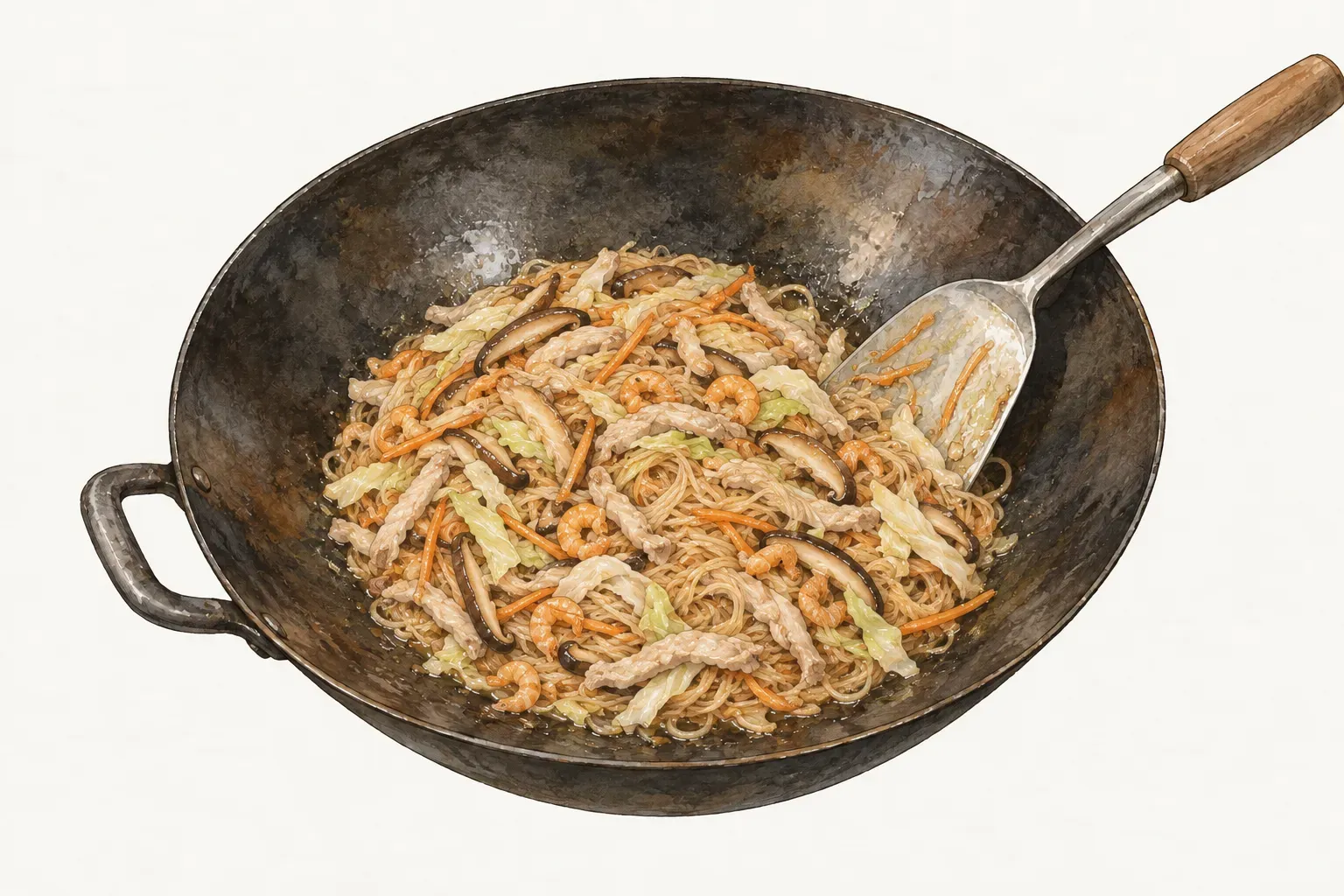 炒鍋中淺醬油色的米粉與肉絲、香菇絲、蝦米、紅蘿蔔絲和高麗菜絲拌在一起,鍋底有一點湯汁,鍋鏟靠在鍋緣