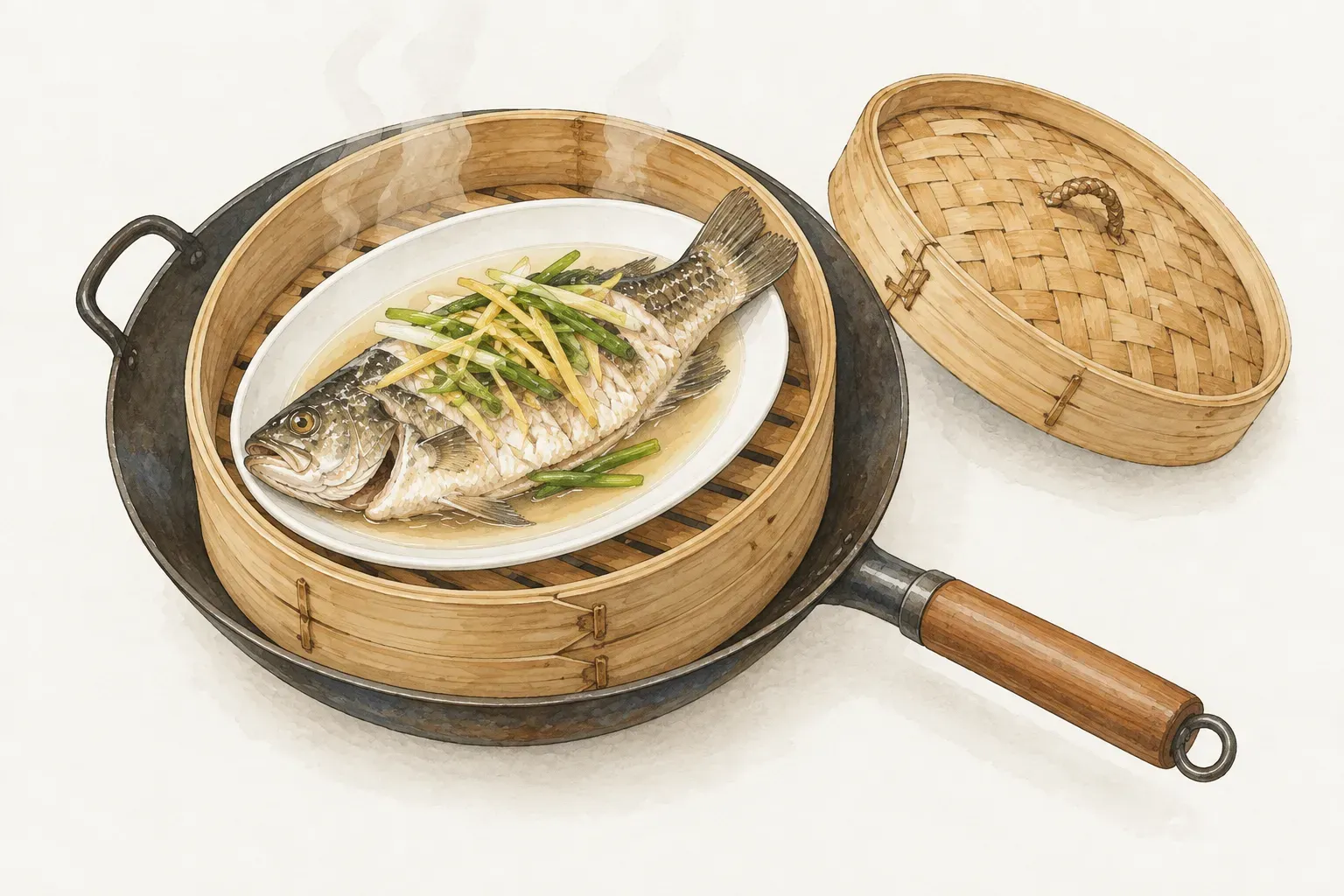 炒鍋上架著打開的竹蒸籠，籠中白瓷盤盛著蒸熟的鱸魚，魚身鋪著蔥段與薑片，冒著熱氣，蒸籠蓋放在一旁
