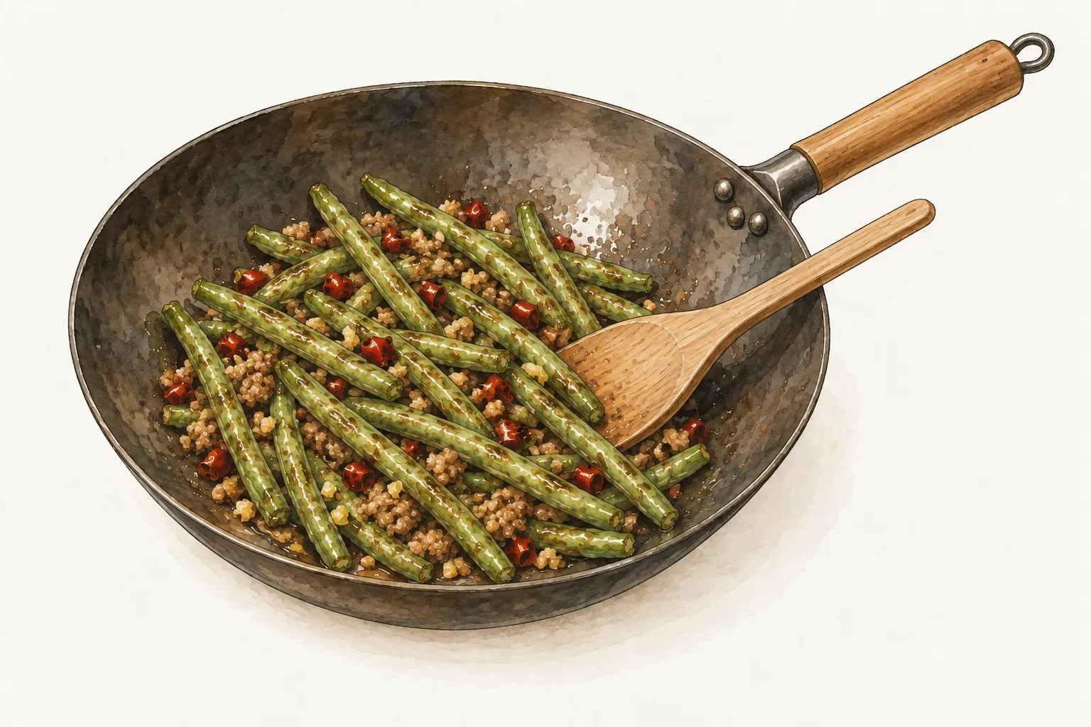 炒鍋中整根的四季豆與絞肉、紅辣椒末拌炒均勻，鍋底沒有湯汁，旁邊放著一支木鍋鏟