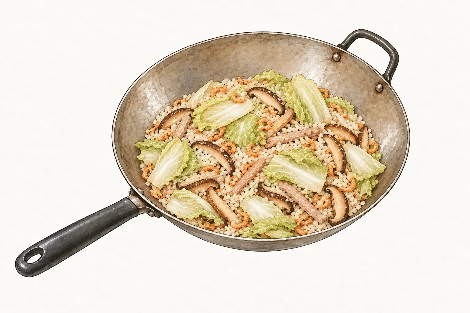 灰色炒鍋內拌勻白米、高麗菜片、香菇絲、蝦米與肉絲