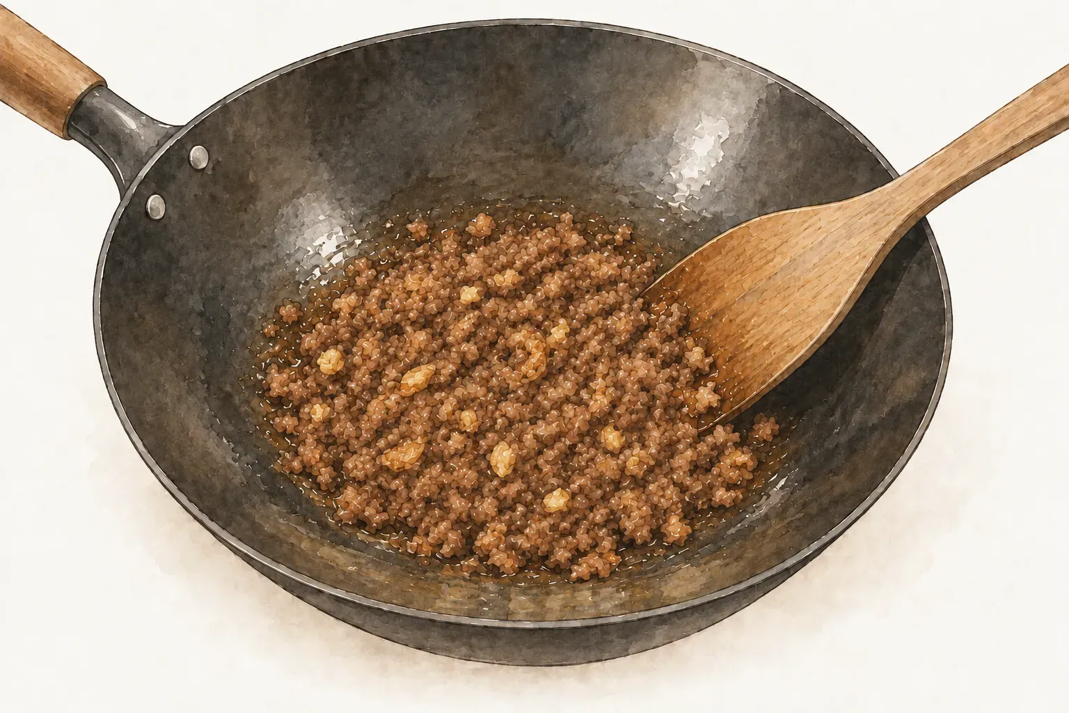炒鍋中深褐色的絞肉肉燥夾著金黃的紅蔥蒜末，周圍剩一點亮褐色湯汁，木鍋鏟靠在鍋緣