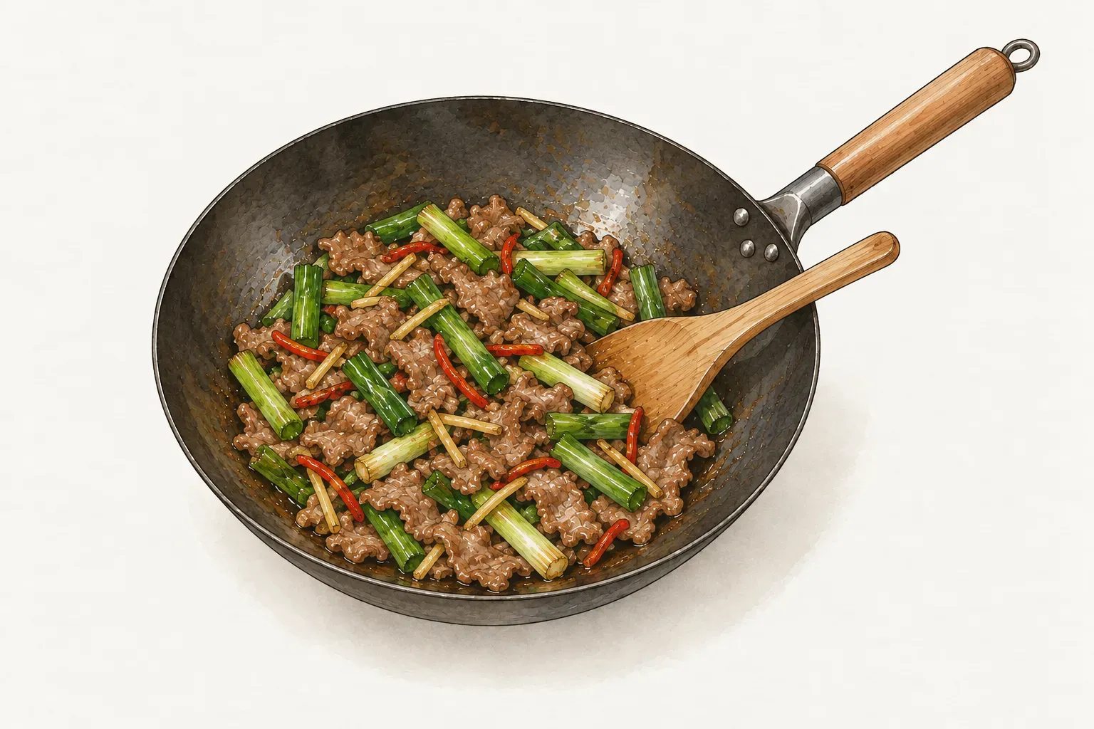 炒鍋中牛肉片與蔥段、薑絲、辣椒絲拌在一起，裹著一層有光澤的褐色薄芡，鍋裡放著一支木鍋鏟
