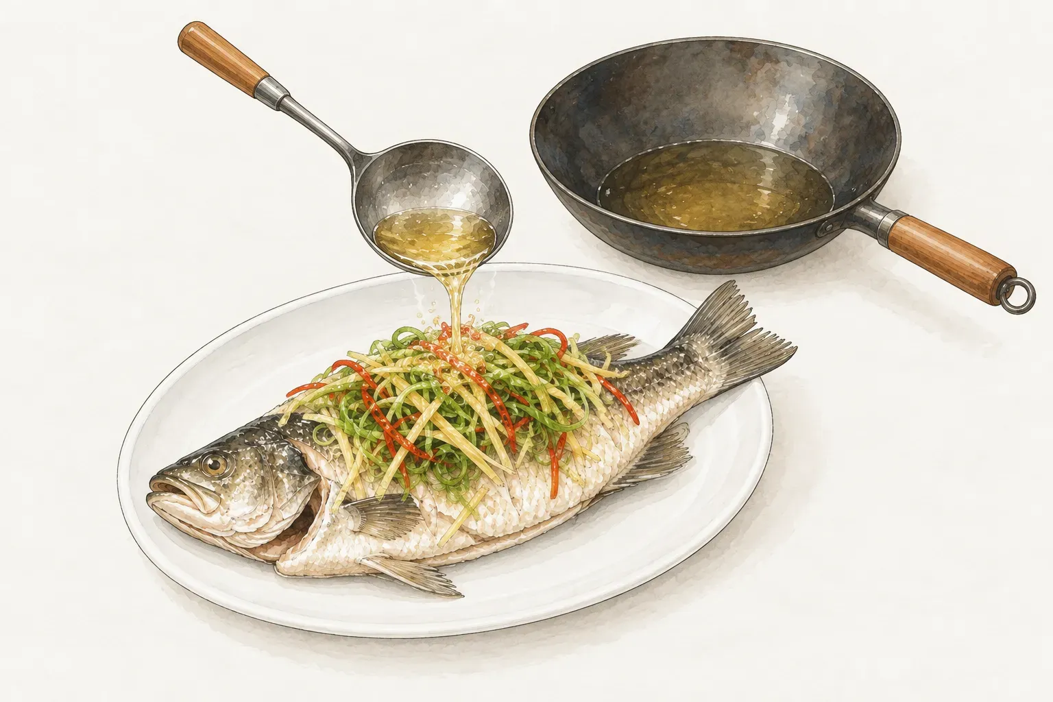 白瓷盤中的蒸鱸魚鋪滿青蔥、薑和紅辣椒細絲，一支湯杓正把熱油淋在絲料上，後方是盛著油的炒鍋